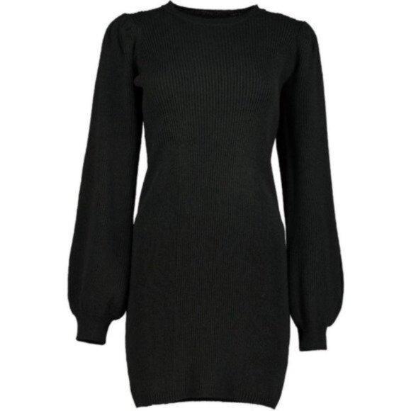Bishop + Young Black Ribbed Bodycon Sweater Dress with Balloon Sleeves - Picture 1 of 5